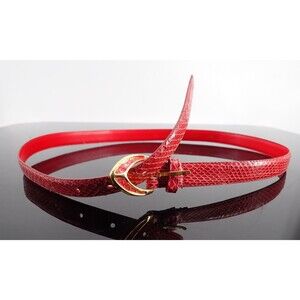 Genuine Red Snake Skin Skinny Belt Gold Tone Buckle Med/Large 34" long 1" Wide